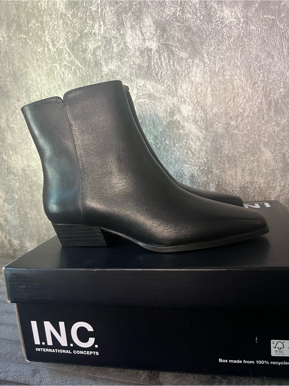 INC International Concepts Black Leather Pointed Ankle Boots
